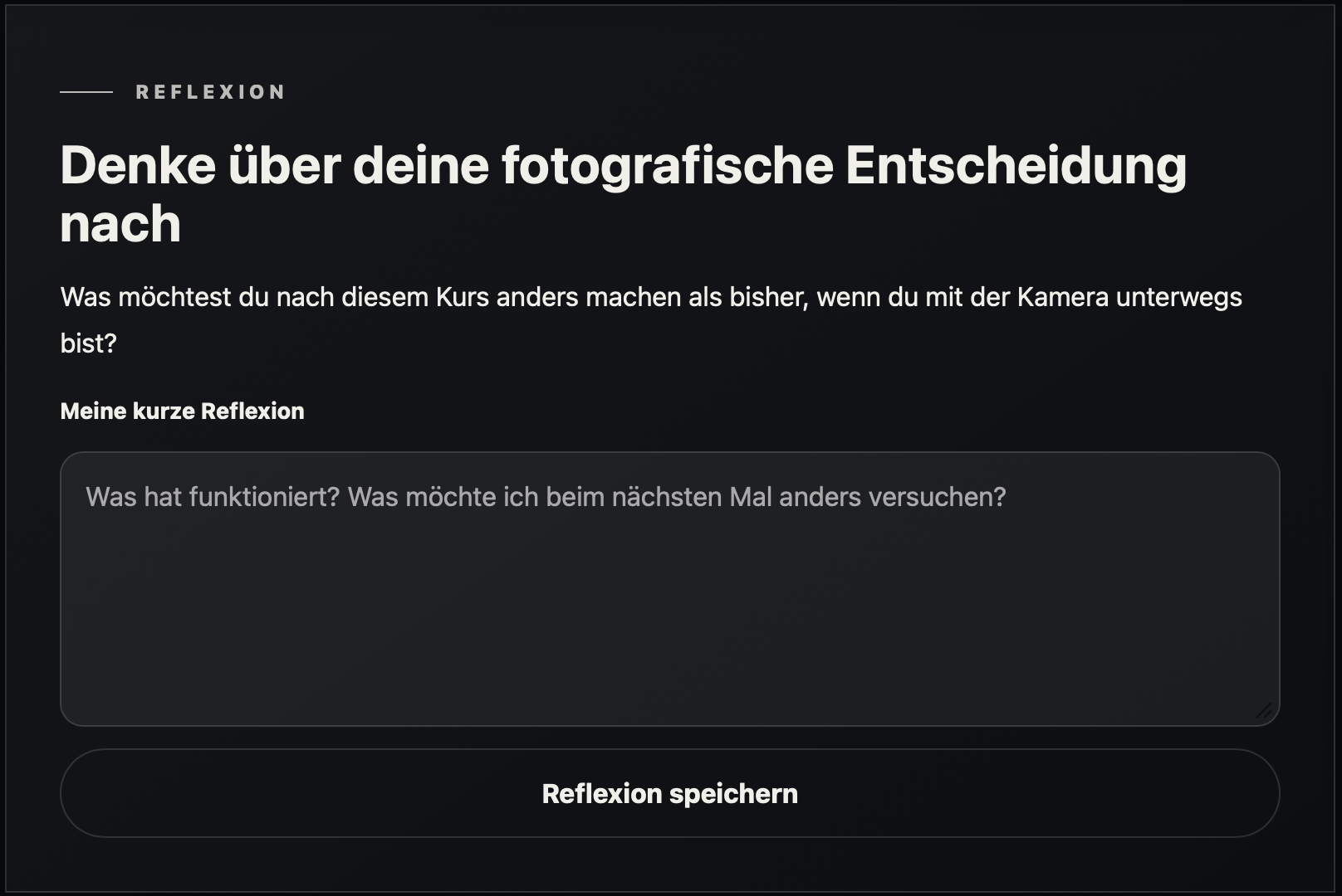 Printscreen des Reflexionsfelds innerhalb einer Lektion